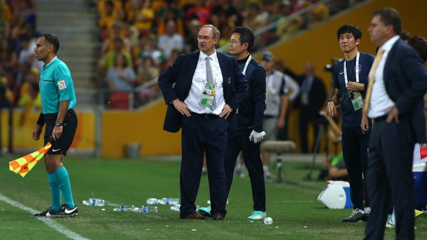 South Korea's coach Uli Stielike watches the game against Australia in Brisbane on Saturday, 