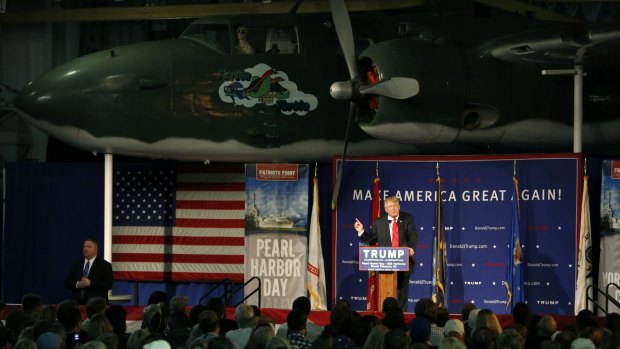 Donald Trump speaks on board the USS Yorktown.