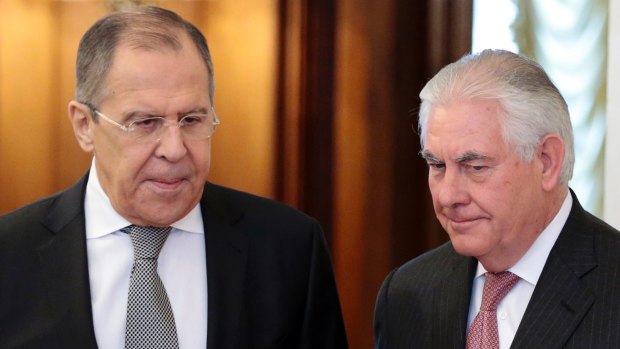 US Secretary of State Rex Tillerson, right, and Russian Foreign Minister Sergey Lavrov in Moscow on Thursday.