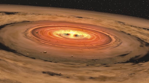 An artist’s depiction of a dusty "circumstellar" disc orbiting a young red dwarf star.