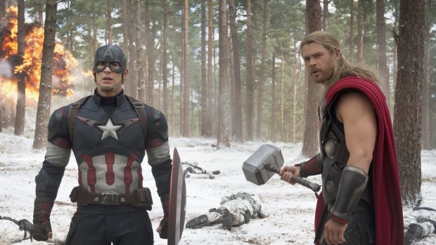 Chris Hemsworth with co-star Chris Evans in Avengers: Age of Ultron