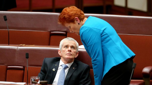One Nation senators Pauline Hanson and Malcolm Roberts in the Senate on Wednesday.