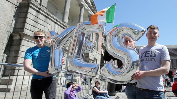 "Yes": Supporters of same-sex marriage in Dublin on Saturday.