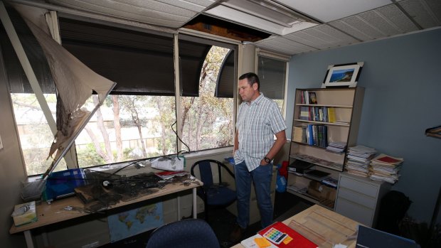 Lyle Shelton managing director of the Australian Christian Lobby in the office his executive assistant after the van with gas bottles exploded outside their Deakin office.