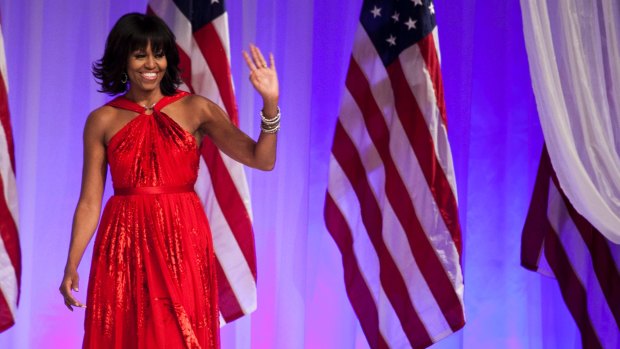 Michelle Obama on Inauguration Day in 2013, wearing a dress by Jason Wu.