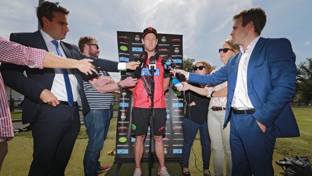 Melbourne Renegades captain Cameron White speaks to the media on Friday.