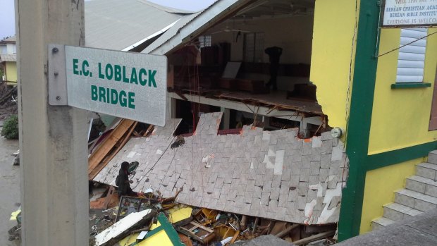 The Beran protestant church is partially collapsed due to Tropical Storm Erika in Roseau, Dominica.