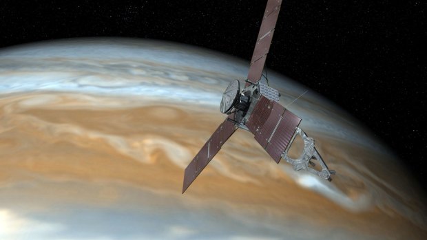 An artist's impression of NASA's Juno spacecraft making one of its close passes over Jupiter. 