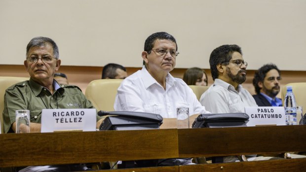 FARC leaders in ceasefire talks in Havana in 2013: Negotiations were halted after a militant FARC bloc ambushed and killed ten soldiers from Colombia's army on Wednesday.