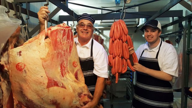 David Lambourn and his son Aaran Lambourn are the fifth and sixth generation of their family to work in a butcher's shop in Bruthen.