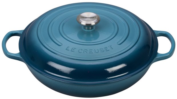 Marine blue Cast iron shallow casserole in marine, $619.