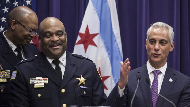 Mayor Rahm Emanuel, right, announces that he is appointing Eddie Johnson, the current Chief of Patrol, as the interim superintendent of the Chicago Police Department.
