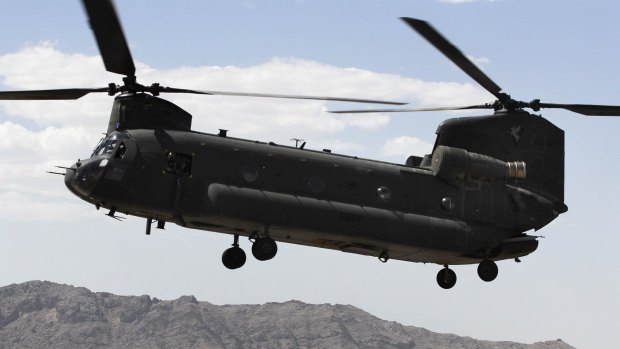 An Australian CH-47D Chinook medium lift helicopter MLH  prepares to touch down at Kandahar Airfield in southern Afghanistan following a mission.