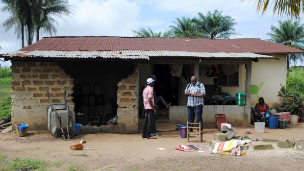 The home of Abraham Memaigar, one of two persons confirmed to be infected with Ebola, in Nedowein, Liberia.
