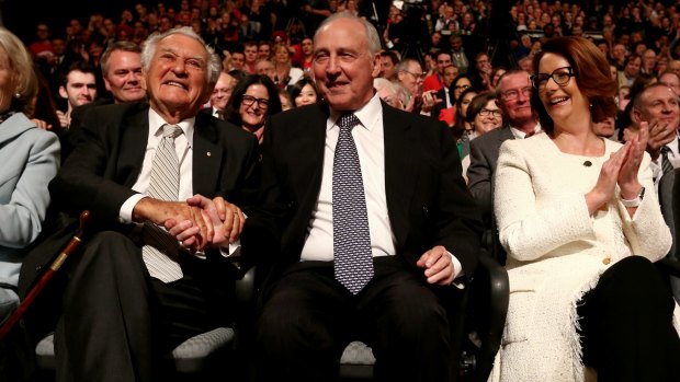 Former prime ministers Bob Hawke, Paul Keating and Julia Gillard. 