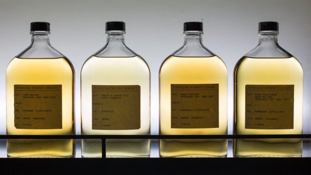 Various samples of whisky are seen in the whisky library of Suntory Holdings' Yamazaki Distillery.