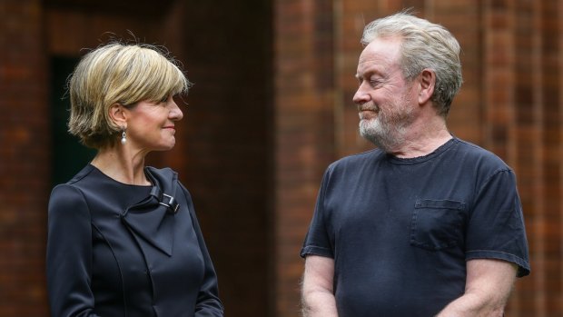 Planning to shoot three Alien films in Sydney ... director Ridley Scott, right, talks to Foreign Affairs Minister Julie Bishop at Fox Studios.