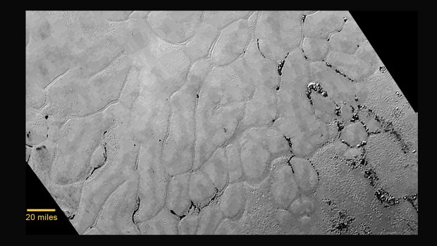 The crater-less plain in the middle of the heart-shaped feature on the surface of Pluto as recorded by the New Horizons spacecraft.