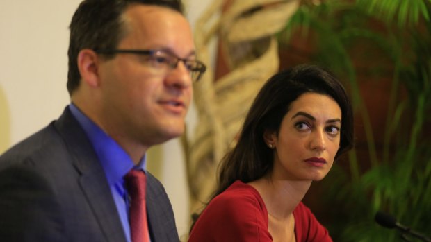 Human rights lawyer Amal Clooney with her colleague Jared Genser in the Maldives on Thursday. 