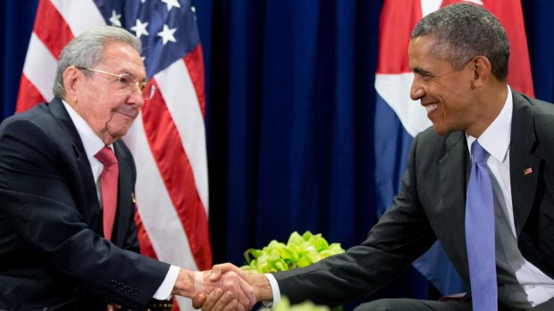 Warm handshake ... President Barack Obama greets Cuban President Raul Castro before a bilateral meeting at the United Nations headquarters. 
