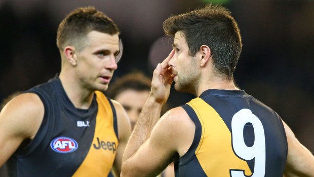 Bad to worse: Trent Cotchin and Brett Deledio after the game.