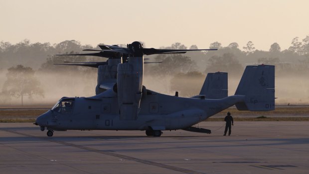 An Osprey waits to transport the entourage of President of the United States Barack Obama when he arrives at RAAF Base Amberley.