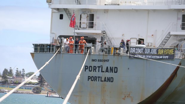 Protesting crew members on the MV Portland last year. 