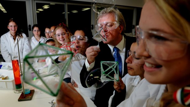 Canberra Girls Grammar students with Nobel Prize winner Brian Schmidt at the opening of a science wing at the school in 2012.