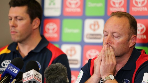 Chief Executive of the Adelaide Crows Andrew Fagan and Chairman Rob Chapman speak during a press conference about Phil Walsh's death.