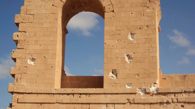 Battle damage to Roman ruins in Sabratha, Libya, after rival Libyan militias turned their guns against each other in fierce fighting that is in part fallout from an Italian-backed deal that funded militias to act as police forces to stop migrants.