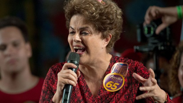 Former president Dilma Rousseff speaks in support of her mentor, former president Lula, during a mayoral rally in Rio de Janeiro.