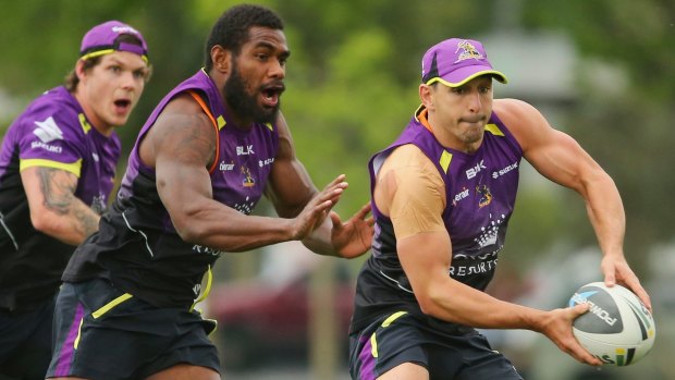 Billy Slater and other Storm players training in Melbourne on Tuesday.