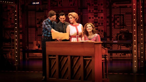 Esther Hannaford as Carole King, Josh Piterman as Gerry Goffin, Mat Verevis as Barry Mann, Lucy Maunder as Cynthia Weil in Beautiful: The Carole King Musical in Melbourne.