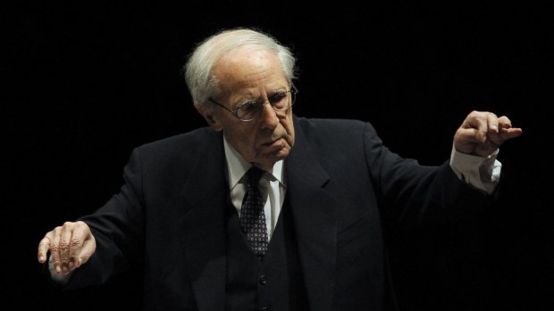 French conductor and composer Pierre Boulez conducting the Paris Orchestra at the Louvre museum in 2011.