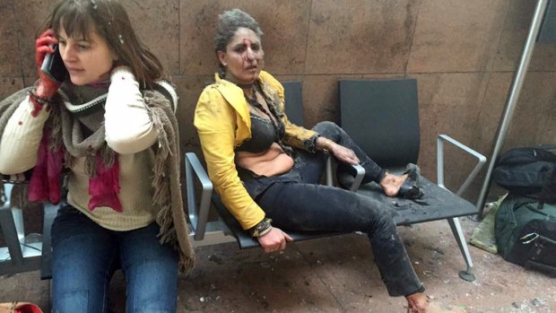 Nidhi Chaphaker and an unidentified woman photographed by Georgian Public Broadcast's Ketevan Kardava immediately after the terrorist attack on Brussels Airport in Belgium.