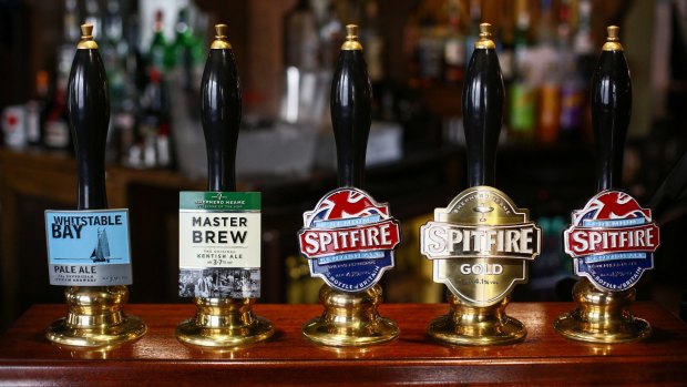 Some British ales on the bar at the Sun Inn in Faversham, UK.