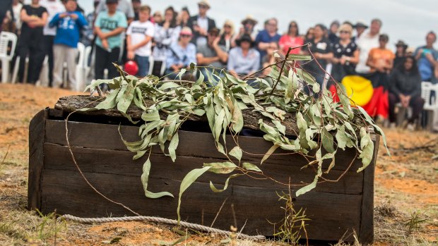 The casket made from a 5000-year-old red gum containing Mungo Man's remains back on country after a four-decade fight for repatriation.