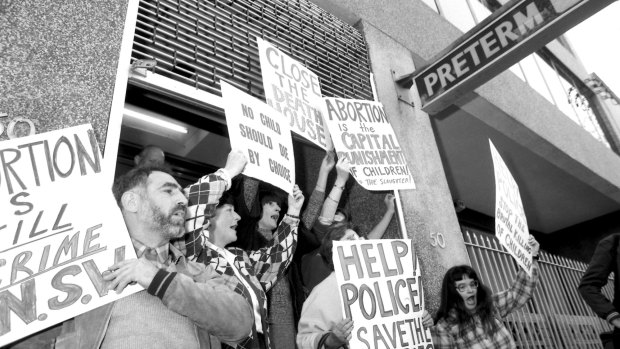 Anti-abortion demonstrators block the doorway of the Preterm Clinic in Cooper Street, Surry Hills,  in 1985.