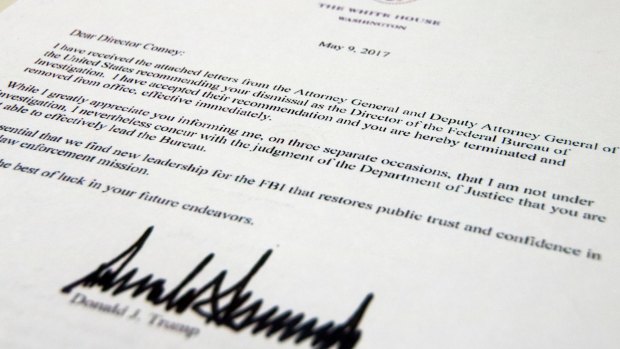 The termination letter from US President Donald Trump to FBI director James Comey.