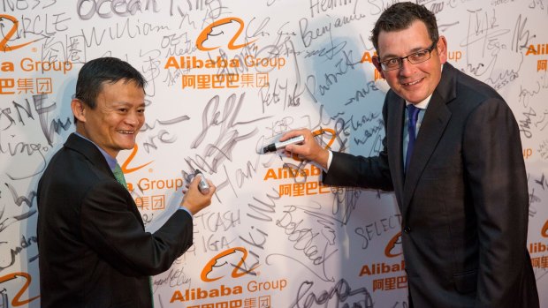 Alibaba founder Jack Ma with Premier of Victoria Daniel Andrews at the launch of Alibaba's Australian and New Zealand headquarters in February.