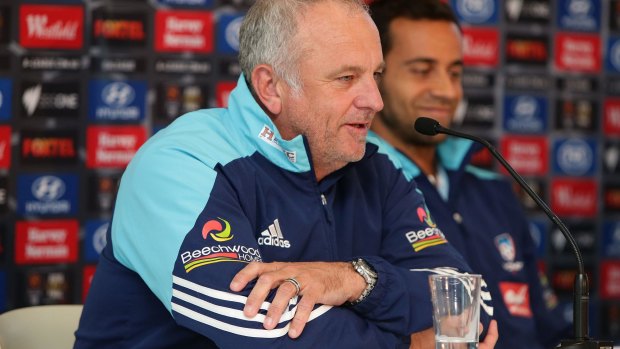 One more to go: Graham Arnold and Alex Brosque front the media on Saturday.