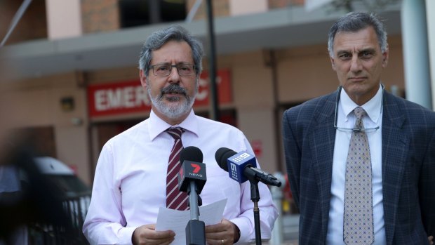 Director of the SESLHD public health unit Professor Mark Ferson and direcotr of clinical services Dr Martin Mackertich report the Legionnaire's outbreak at St George Hospital on Friday.
