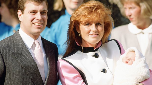 Prince Andrew and Sarah Ferguson leave hospital with Princess Eugenie.