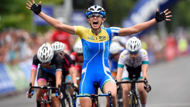 Leader of the pack: Kimberley Wells wins the women's criterium at the Australian road cycling championships.