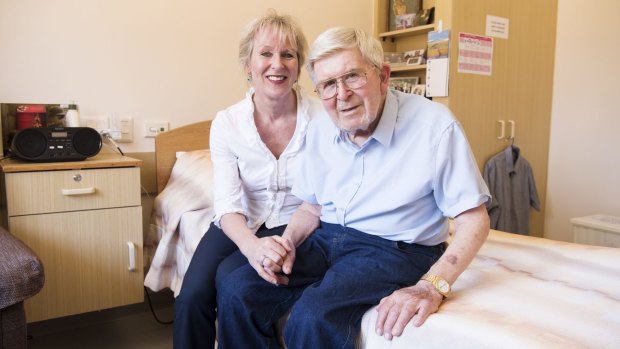Alison Ridge with her 87-year-old father Barry Ridge in aged care.