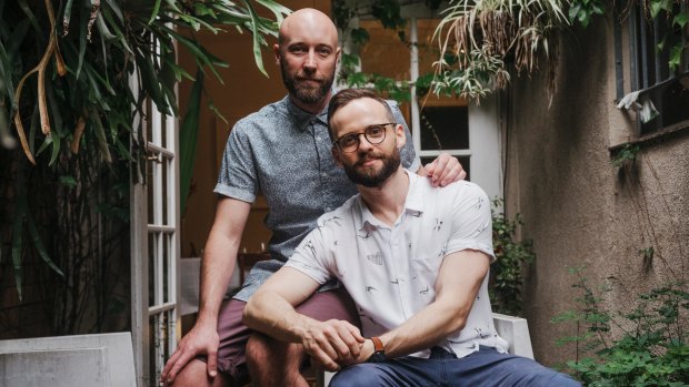 Playwright Tommy Murphy and partner Dane Crawford at their home in Sydney's Surry Hills.