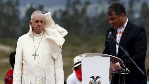 Pope Francis and Ecuador's President Rafael Correa after the Pope arrived in Educador.
