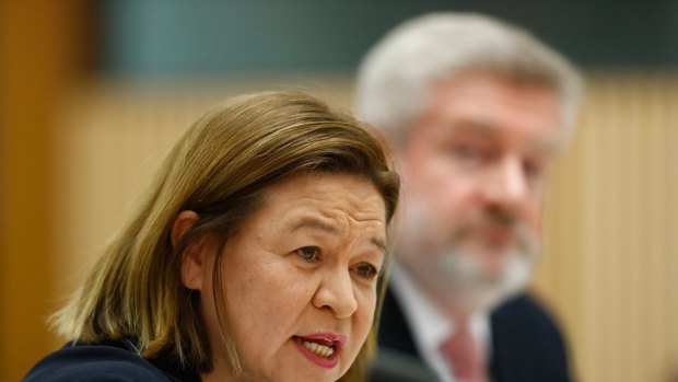 The managing director of the ABC, Michelle Guthrie, Communications Minister Mitch Fifield during a Senate estimates hearing on Tuesday.