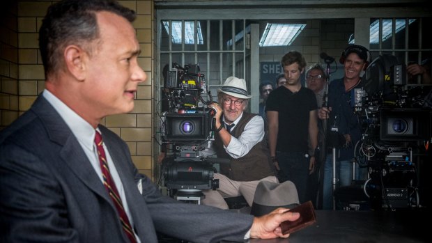 Tom Hanks and Steven Spielberg on the set of <i>Bridge of Spies</i>.