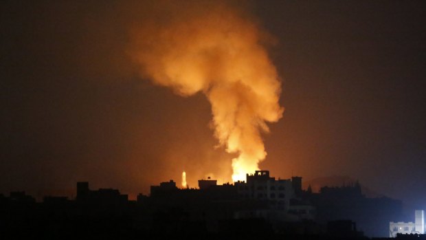 Fire and smoke rise after a Saudi-led airstrike on Sanaa on Tuesday.